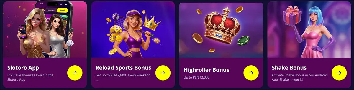 Casino promotions section featuring bonus cards for the Slotoro app, reload sports bonus, highroller bonus, and shake bonus with colorful character illustrations on a purple interface.