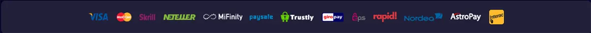 Payment methods banner displaying Visa, Mastercard, Skrill, Neteller, MiFinity, paysafe, Trustly, giropay, eps, Rapid Transfer, Nordea, AstroPay, and Interac logos on a dark blue background.