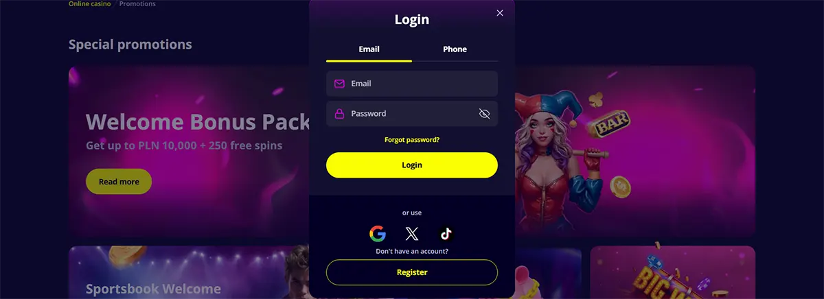 Casino login popup with email and password fields, a bright yellow login button, social sign-in icons, and a blurred promotions background in pink and purple tones.